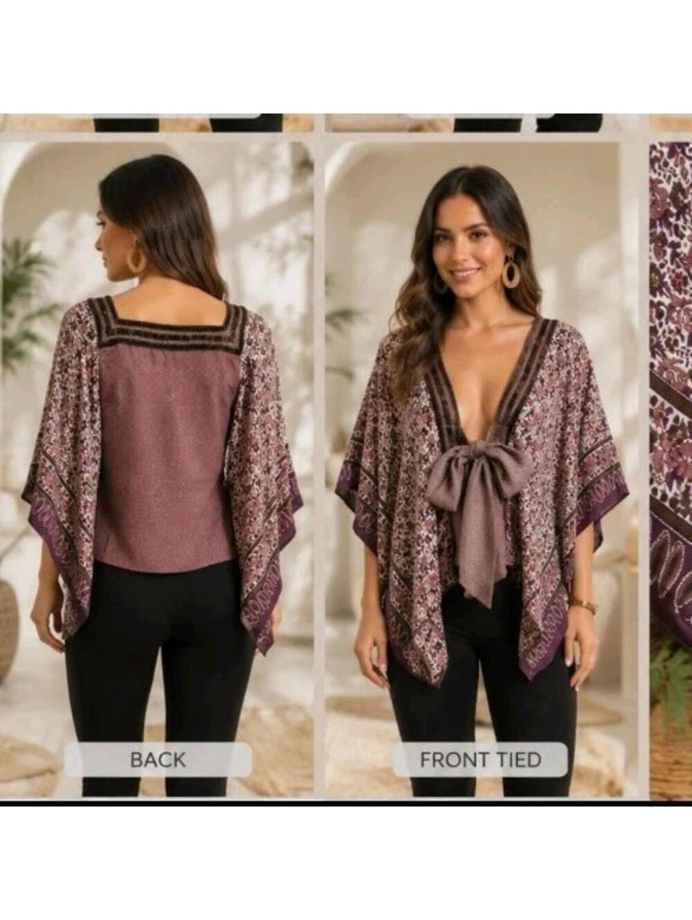 Katayone Adeli Women Top XS Vintage Tie Front Brown Floral Blouse Kimono Style#A
